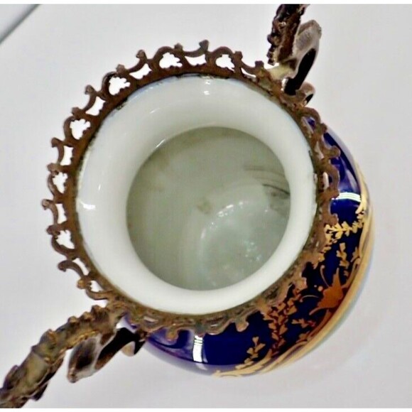 French Sevres Signed Porcelain Cobalt Blue Gilded Vase Bronze Dragon Handles 19C - Picture 9 of 11